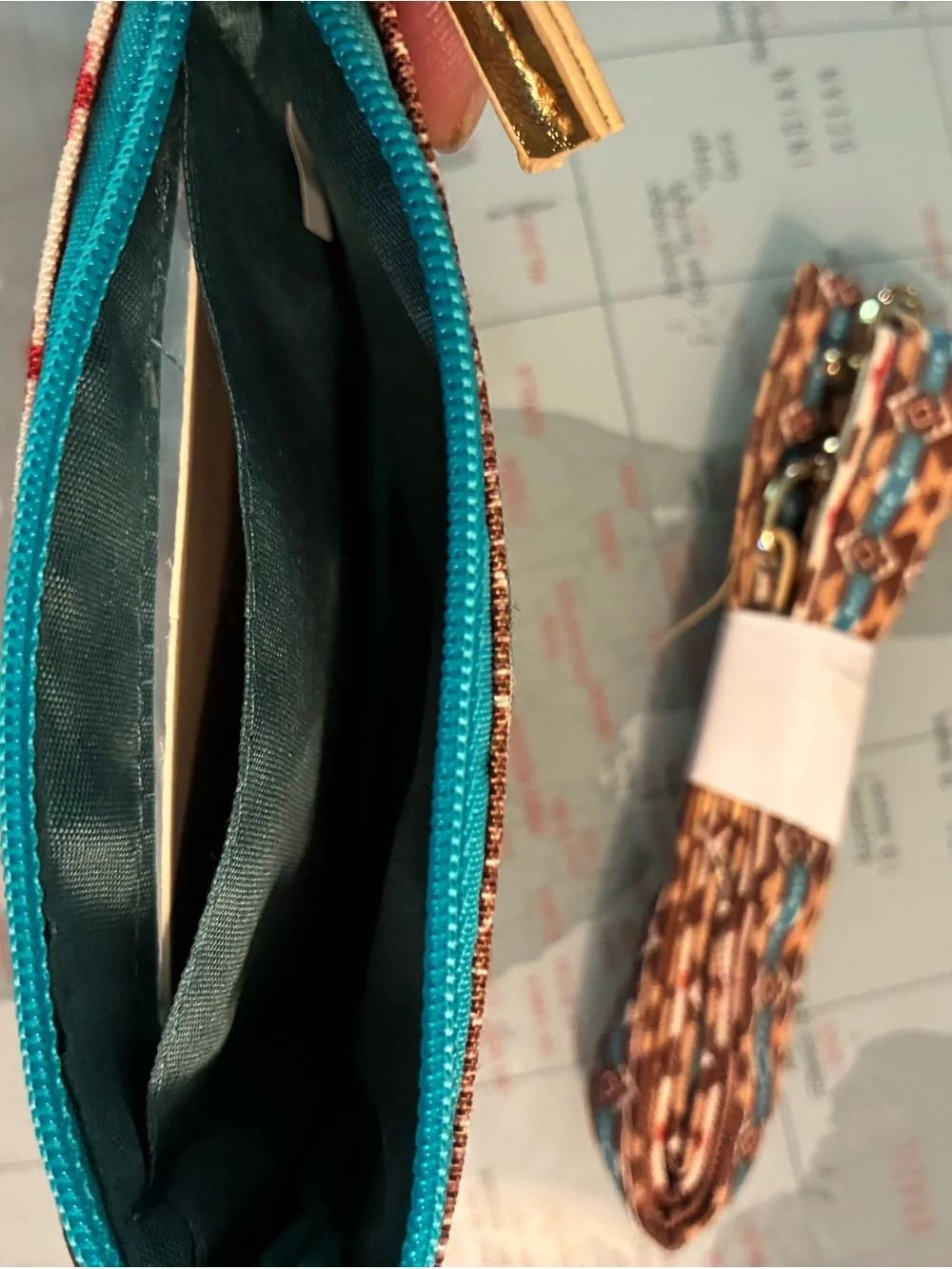 Aztec-Pattern Zip Key & Card Holder in Brown and Teal
